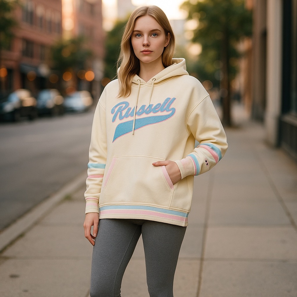 NWT RUSSELL SCRIPT HOODIE Boyfriend Fit VINTAGE WHITE